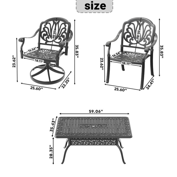 English Elm 7-piece Outdoor Cast Aluminum Patio Dining Set with Swivel Chairs and Carved Detail W1710S00585
