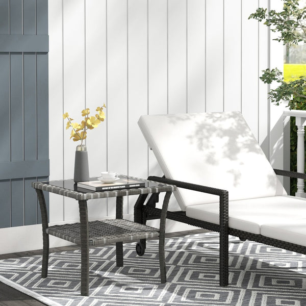 English Elm Outsunny Rattan Side Table With Storage Shelf, Aluminum Frame & Tempered Glass Top For Outdoors W2225P200702-GIGA