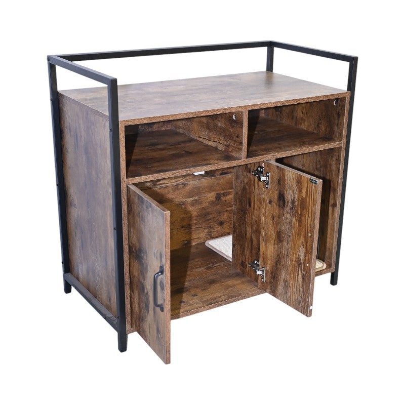 English Elm Rustic Wooden Cat Litter Box Enclosure with Scratching Mat, Rustic Brown Industrial Cat Hideaway 31.9"x17.7"x31.4" W1412P271588