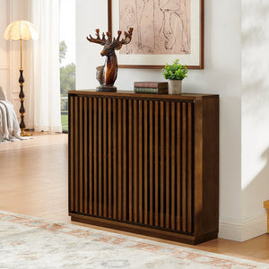 English Elm Mid Fluted Hollowed Sideboard Cabinet with Outlet Holes, Mid Century Storage Buffet for Entryway, Dining Walnut Brown W1801P288510
