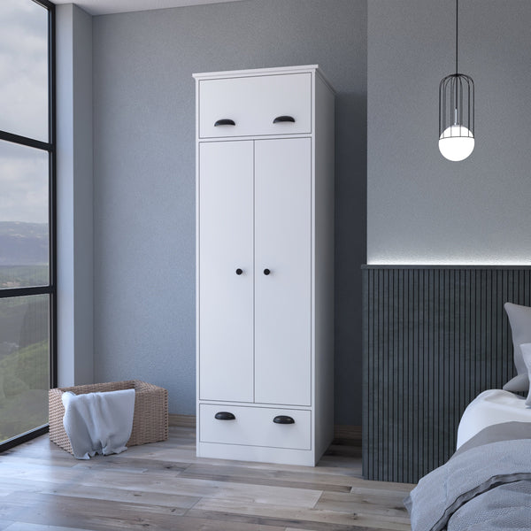 English Elm Linch White Armoire with Hinged Top Drawer, Double-Door Closet, Lower Glide Drawer — Space-Saving elegant storage B128S00123