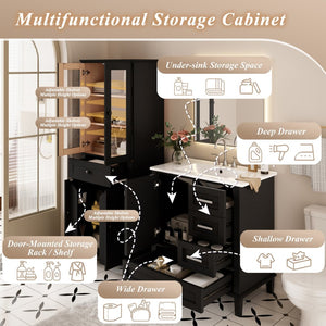 English Elm 67.57" Tall Matte Cabinet Vanity Combo with Glass Doors Soft-close Drawers Sink Black N729P000033B