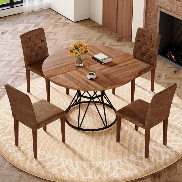 English Elm Table and Chair Set Walnut Round Dining for Four with Tufted Suede Seats W1151S04853