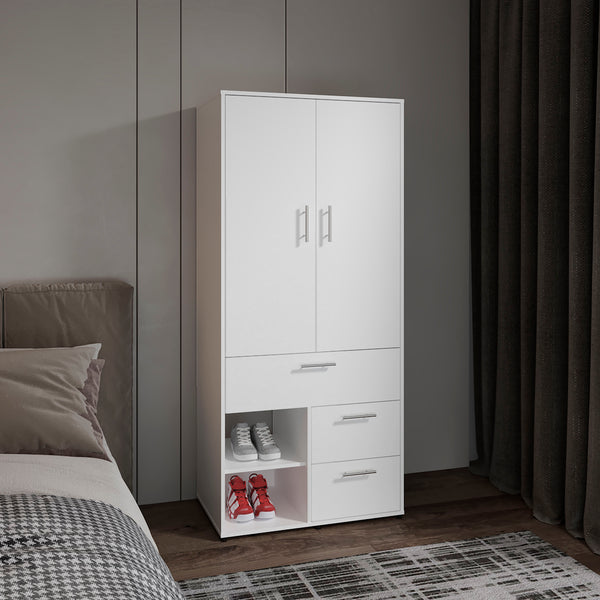 English Elm Armoire with Built-In Mirror and Ample Storage — 4 Doors, 2 Drawers, 4 Shelves, Eco-Friendly Finish White 74.02 L x 24.8 W x 3.54 H B097S00214