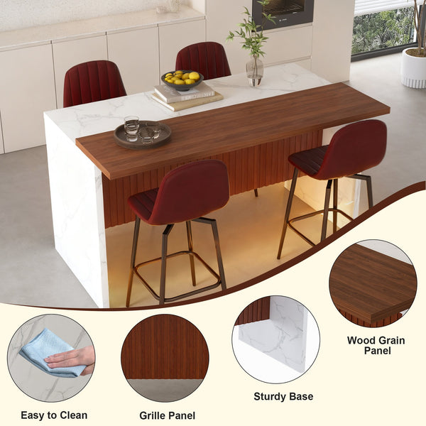 English Elm 63-Inch Modern Kitchen Island Set With 4 Dark Brown Bar Stools - Elegant Marble Surface & Led Glow W2699S00069