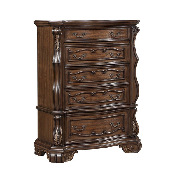 English Elm Formal Burl Veneer Tall Chest with Five Drawers Gold Hardware Dark Brown Bedroom B011P458602