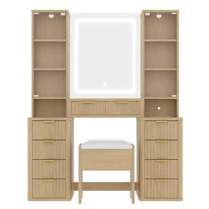 English Elm 43.5" Fluted Makeup Vanity with Led Mirror Glass Top Gold Hardware and Storage Stool Oak N704G202305N