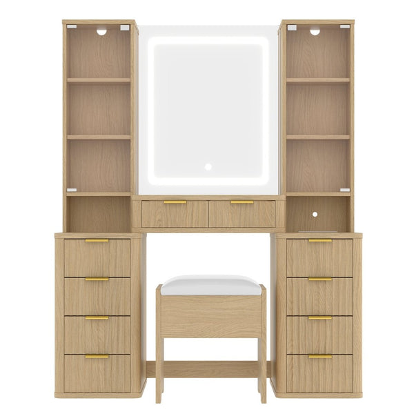 English Elm 43.5" Fluted Makeup Vanity with Led Mirror Glass Top Gold Hardware and Storage Stool Oak N704G202305N
