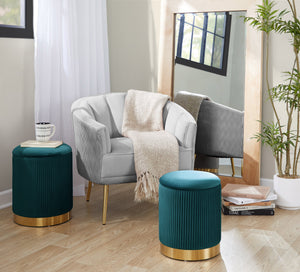 English Elm Nesting Pleated Velvet Ottoman Pair with Polished Gold Base Glam Living Room Accent B202P471499