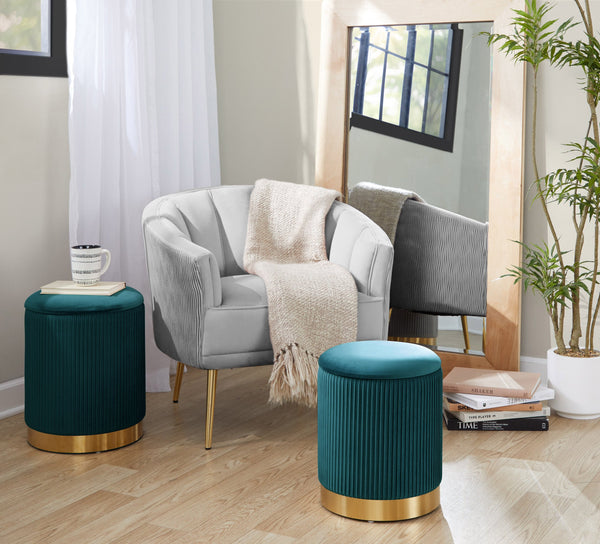 English Elm Nesting Pleated Velvet Ottoman Pair with Polished Gold Base Glam Living Room Accent B202P471499