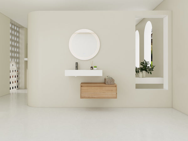 English Elm 30 Inch Wall-Mounted Bathroom Vanity With Resin Sink, Soft Close Drawer & Modern Oak Finish W999S00257
