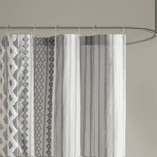 JLA Home INK+IVY - Cotton Imani Aztec Printed Shower Curtain with Chenille Stripe Trim — Boho Texture, OEKO‑TEX Certified Comfort Gray II70-1123
