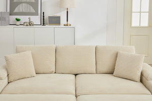English Elm Corduroy Upholstered Chaise Lounge Sofa with Movable Ottoman, Cup Holder, Deep Seat Comfort Beige W2120S00008