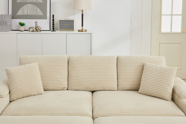 English Elm Corduroy Upholstered Chaise Lounge Sofa with Movable Ottoman, Cup Holder, Deep Seat Comfort Beige W2120S00008