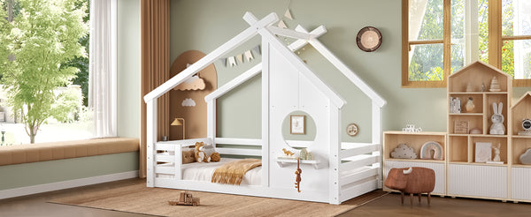 English Elm Twin House Floor Bed with Window & Shelf, Solid Wood Pitched Roof Design for Safe Cozy Sleep White W1580P362678