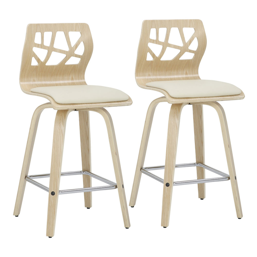English Elm Folia Mid-Century Modern Counter Stools Set Of 2 - Natural Wood, Cream Faux Leather & Chrome Footrest B202S00261