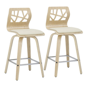 English Elm Folia Mid-Century Modern Counter Stools Set Of 2 - Natural Wood, Cream Faux Leather & Chrome Footrest B202S00261