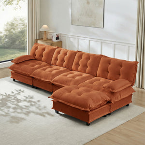 English Elm 138" Chenille Modular Cloud Sectional with Ottoman Deep Seat Lounge Sofa for Apartments Orange W714S01741