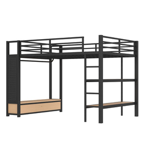 English Elm Queen Loft Bed Frame With Wardrobe & Shelves - Modern Metal Design For Space-Saving Storage & Work W1580S00233-GIGA