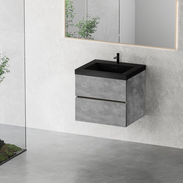 English Elm 24'' Wall Mount Bathroom Vanity Fluted Smoked Walnut Soft Close Drawer Quartz Basin W1920P385525
