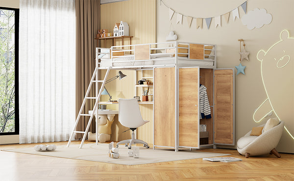English Elm Twin Loft Bed with L-Shaped Desk and Wardrobe — Space-Saving Iron & Wood Design for Study & Storage White SF000168AAK