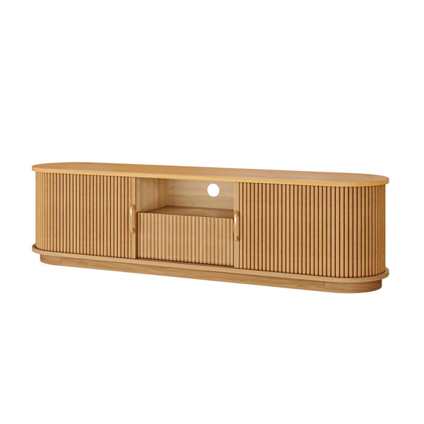 English Elm Vintage Farmhouse Media Console with Slatted Sliding Doors and Brass Hardware for Living Room Natural N721P427206D