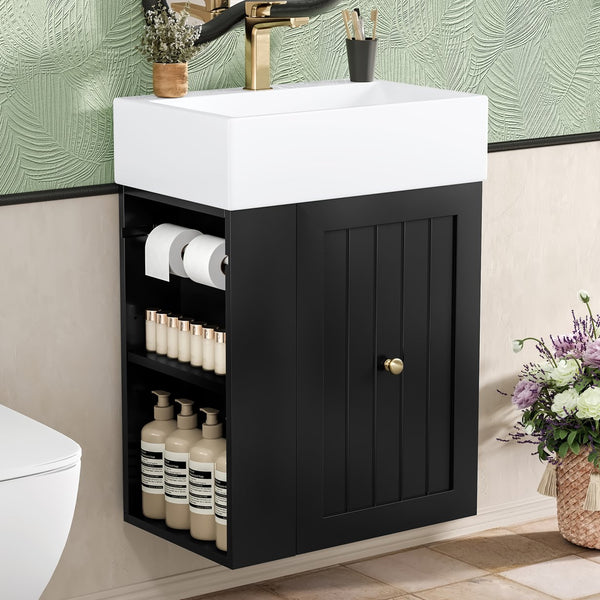 English Elm 20-Inch Compact Bathroom Vanity with Ceramic Sink, Wall-Mounted MDF Cabinet, Modern Space-Saver Design Black N725P314023B