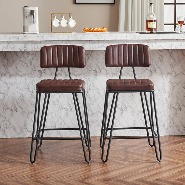 English Elm Industrial Bar Stools Set of 2 — Counter Height PU Leather Seats, Sturdy Metal Frame, Ergonomic Backrest and Footrest for Kitchen Island and Home Bar Brown W1901P264279