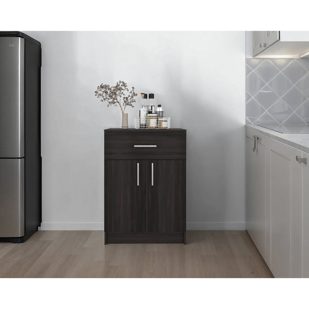 English Elm White Tall Narrow Kitchen Pantry Cabinet with Open Shelves and Concealed Storage Door B062P483730