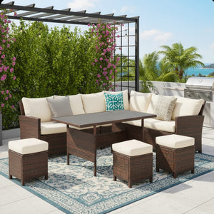 English Elm 7 Piece Outdoor Wicker Dining Set Modular Sectional Sofa Ottomans and Patio Table Ivory B082S00075