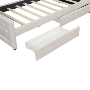 English Elm Upholstered Twin XL Daybed with LED Belt and Two Underbed Drawers, Linen Backrest, Modern Storage Elegance Beige DL002060AAA