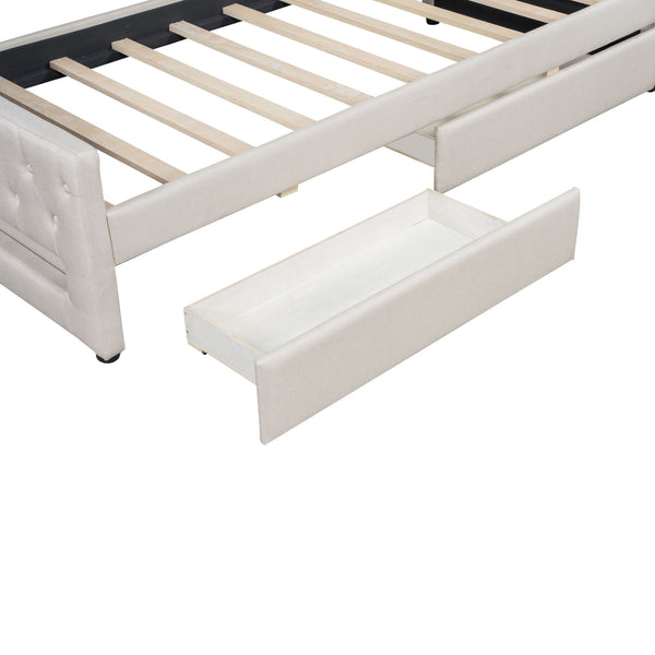 English Elm Upholstered Twin XL Daybed with LED Belt and Two Underbed Drawers, Linen Backrest, Modern Storage Elegance Beige DL002060AAA