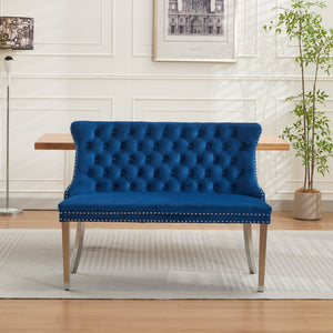 English Elm Velvet Wingback Dining Bench Tufted Two Seat Mid Century Modern Brushed Steel Base Blue W1143P406981