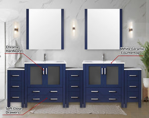 English Elm Navy Double Bath Vanity 108" W with Side Cabinets, White Ceramic Top, Mirrors & Chrome Faucet — Durable, Scratch-Resistant B2731S01222