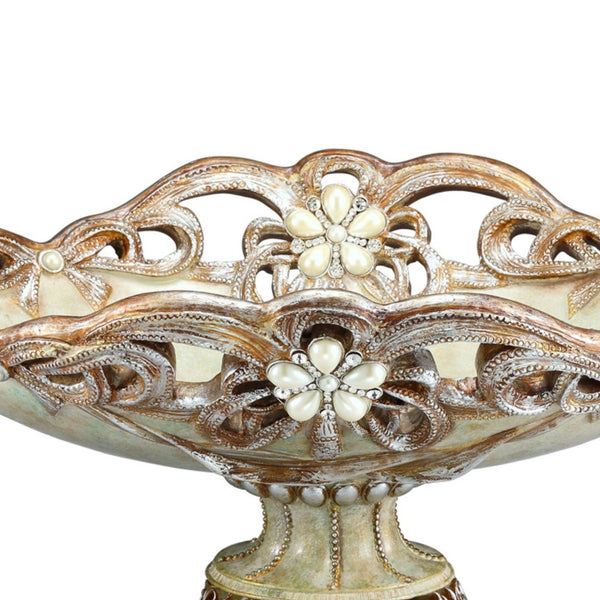 English Elm 9" Polyresin Fruit Bowl with Floral Pearl Accents Stone Finish Vintage Centerpiece B072116419