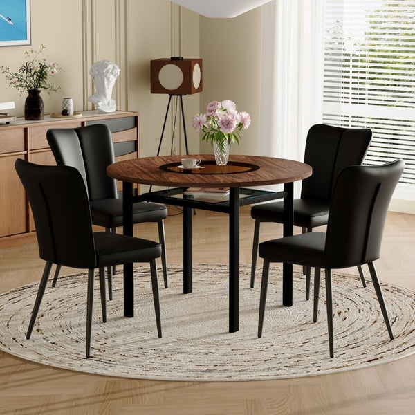 English Elm Table Set 42 Inch Round Wood Grain Top Glass Inlay with 4 Pu Leather Dining Chairs Brown+Black W1151S04495