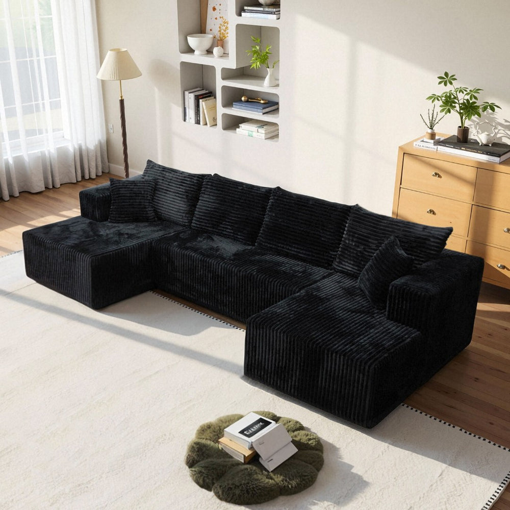English Elm U-shaped Modular Corduroy Sectional Sofa Low Profile Design for Spacious Living Rooms Black W3653S00004