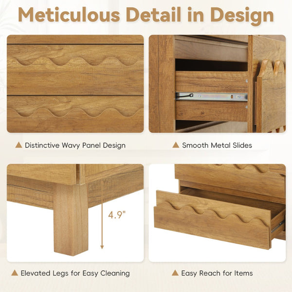 English Elm 60" Wave Front Six Drawer Dresser Sculptural Engineered Wood Media Console for Bedroom Oak N739S0000011N