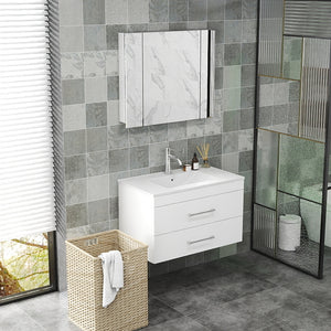English Elm 32-Inch Wall-Mounted Bathroom Vanity With Soft-Close Drawers & Ceramic Sink For Modern Spaces W3151S00017