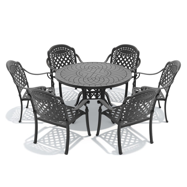 English Elm 7-piece Cast Aluminum Outdoor Dining Set with Carved Relief Chairs and Stackable Design W1710S00634