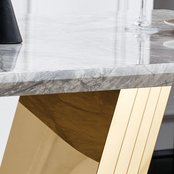 English Elm Marble Dining Table For 6 – Modern Faux Marble Kitchen Table With Chrome Base, Stylish & Durable Design W3456S00020