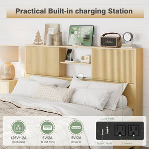 English Elm Queen Storage Bed Oak Finish Sliding Barn Door Headboard with Built-in Charging T3773P417190