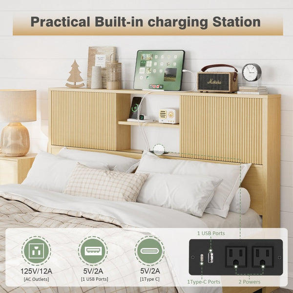 English Elm Queen Storage Bed Oak Finish Sliding Barn Door Headboard with Built-in Charging T3773P417190