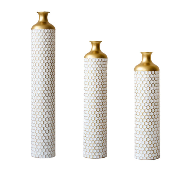 English Elm Floor Elegant 3-Piece Metal Vase Set - Modern Droplet Style In White And Gold For Stunning Decor W2796P290480