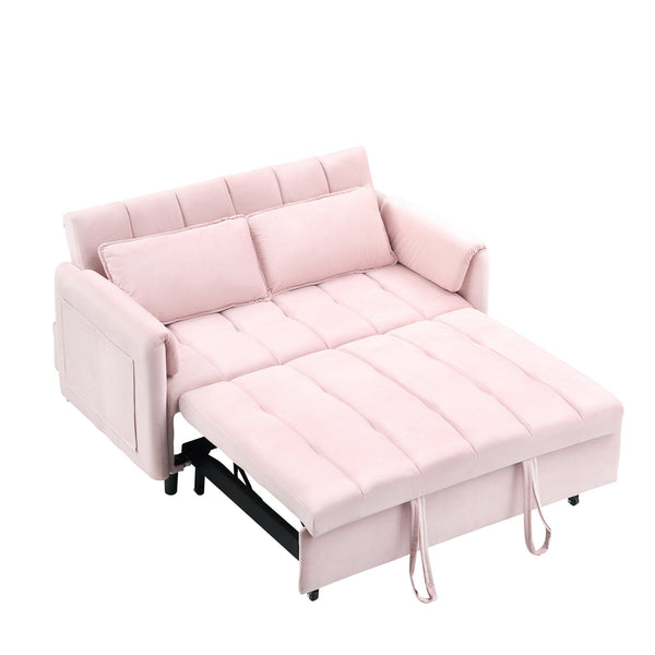 English Elm 52 Pink Modern Velvet Sofa Bed 3-in-1 Convertible Loveseat with Pillows, Pockets, Metal Legs, Compact Design W1658P266338
