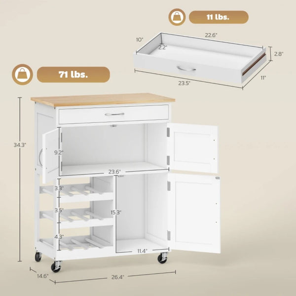 English Elm Portable Rolling Kitchen Island with Butcher Block Top Wine Rack and Cabinet Storage T3971P469984