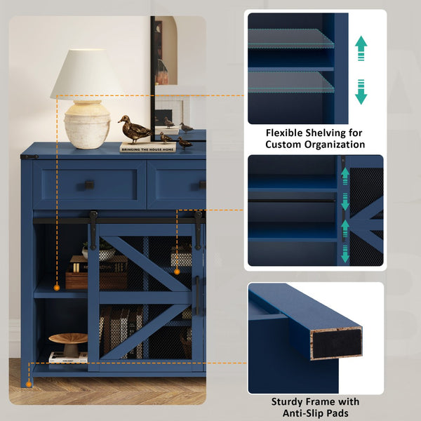 English Elm U_style Industrial Sideboard with Sliding Barn Doors Iron Mesh Panels and Three Drawers Navy Blue N711P347384V