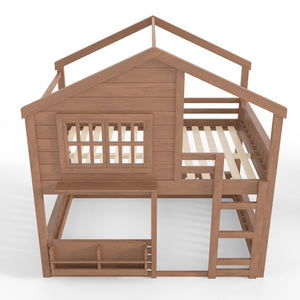 English Elm Full Bunk Bed with Trundle Bookshelf Storage Pine Frame Car Design for Kids Natural W1580S00522