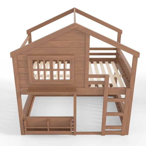 English Elm Full Bunk Bed with Trundle Bookshelf Storage Pine Frame Car Design for Kids Natural W1580S00522