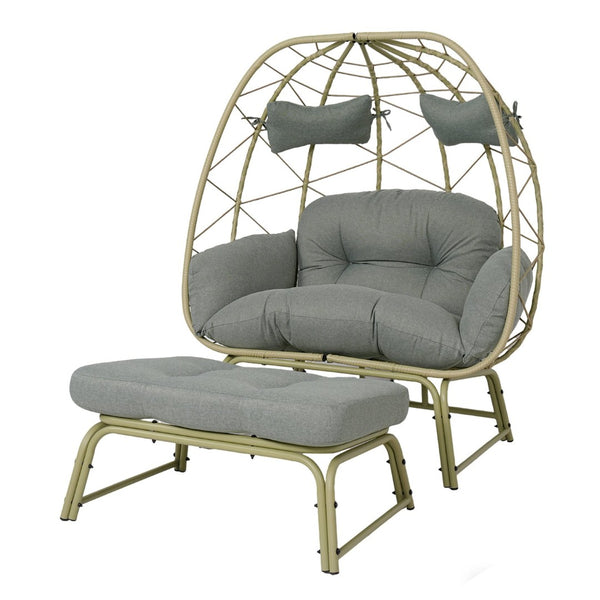 English Elm Double Wicker Egg Chair with Ottoman Bohemian Rattan Outdoor Lounge for Patio T5880P501482